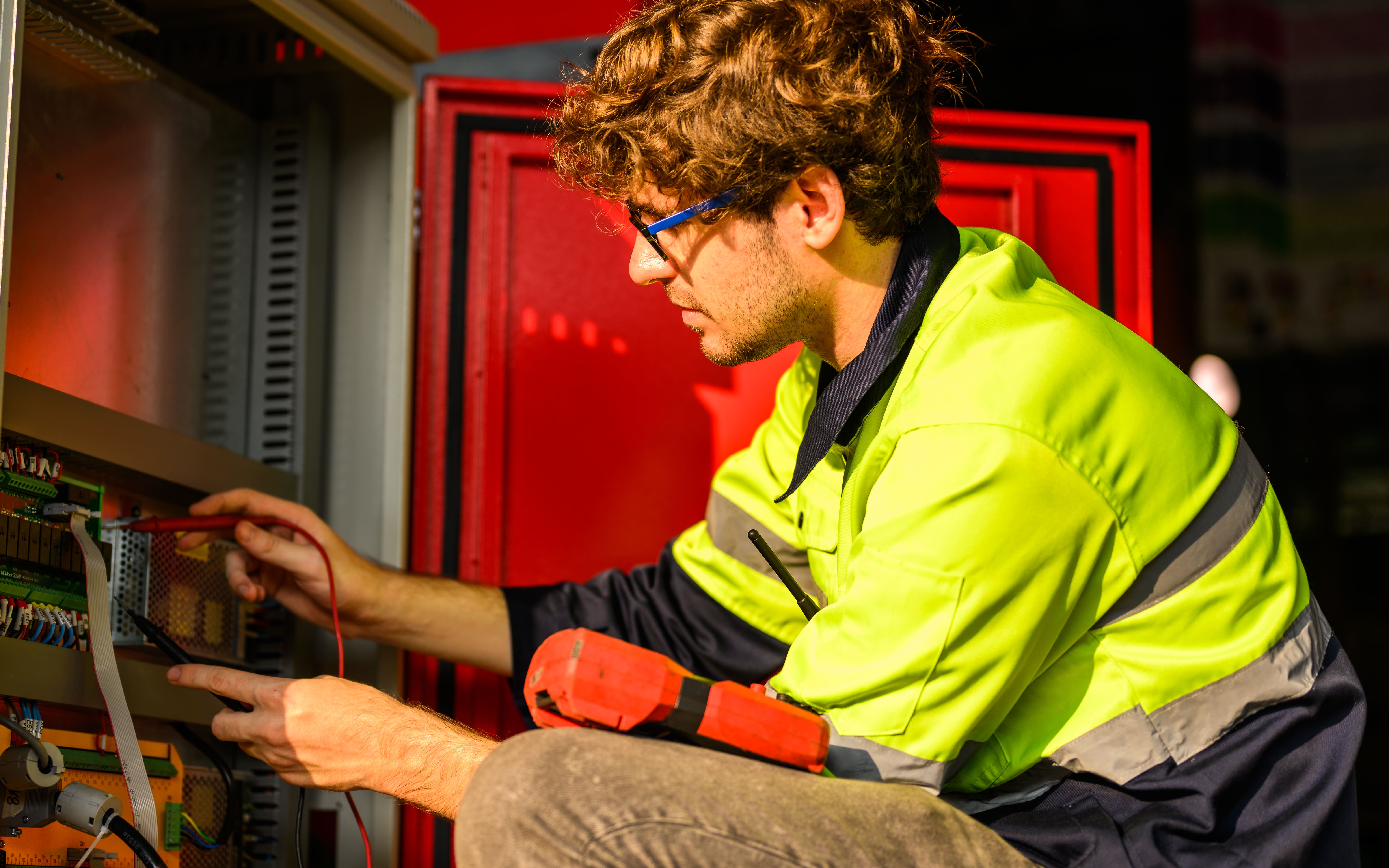 Inspector realizando revisiones eléctricas oficiales en un edificio, revisando normativa vigente y frecuencia de inspección